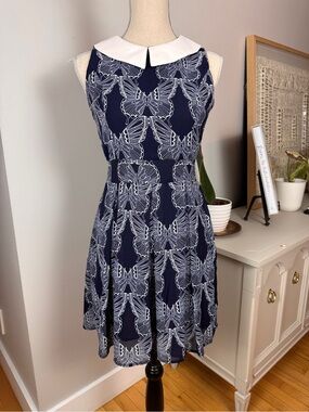 Navy Butterfly Print Midi Dress with White Peter Pan Collar